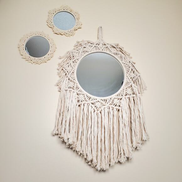 Set of 3 Cream White Macrame Woven Fringe Boho Round Mirror Wall Hanging Decor - Picture 1 of 4